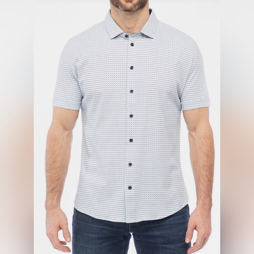 Modern English Stretch Button Down Shirt Blue Grid Print Mens Medium